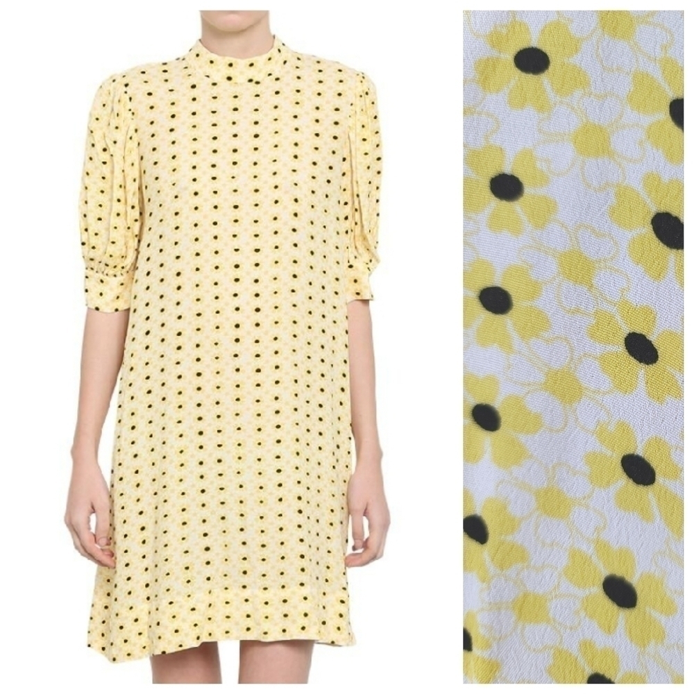 New Ganni 38 Floral Balloon Sleeves Printed Crepe Mini Dress